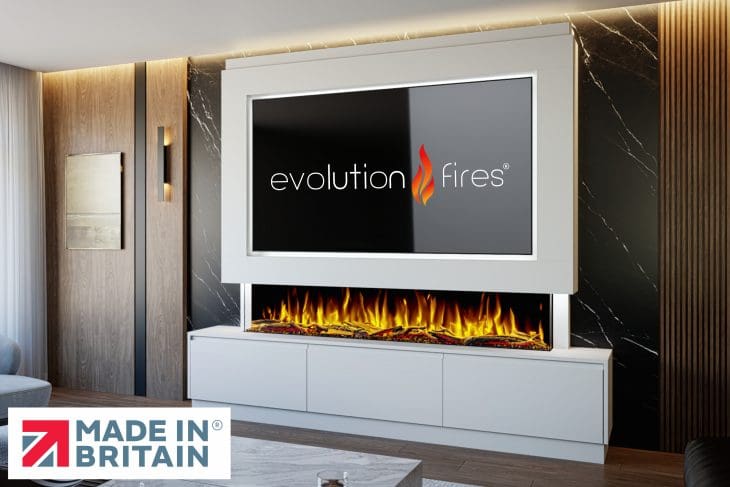 Package 23 pre-built media wall with integrated electric fireplace – Evolution Fires
