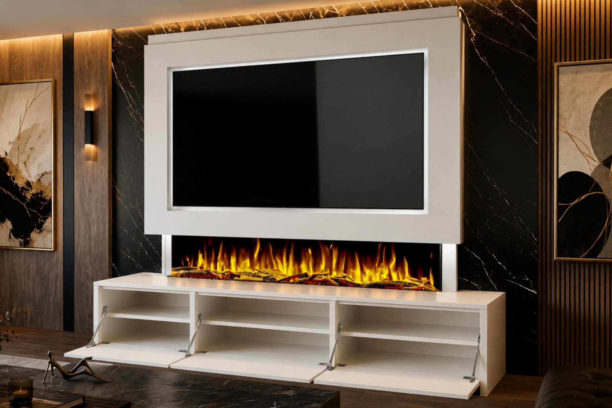 Package 23 White pre-built media wall with integrated electric fireplace, TV recess and open storage drawers from Evolution Fires.