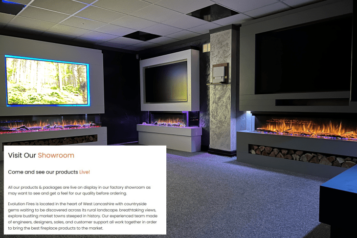 Evolution Fires showroom displaying pre-built media walls and electric fireplaces in a modern interior setting