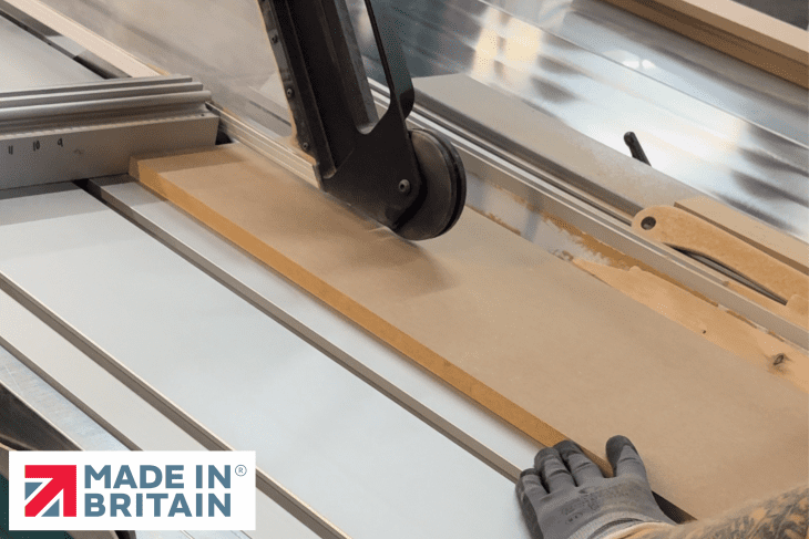 Evolution Fires woodworking shop in Britain – handcrafted electric fireplace media walls in production.