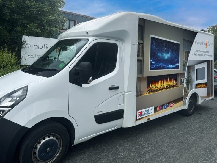 Evolution Fires branded delivery van providing UK-wide transport of pre-built media walls and electric fireplaces.