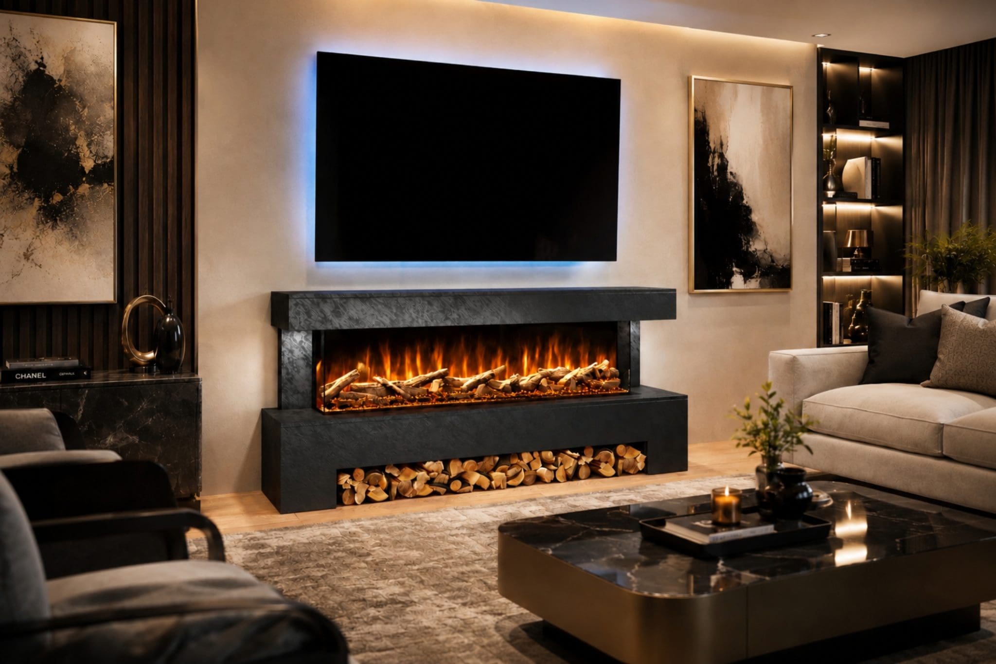 Angelo Black electric fireplace suite in a luxury living room with wide flame display, log storage and TV above.