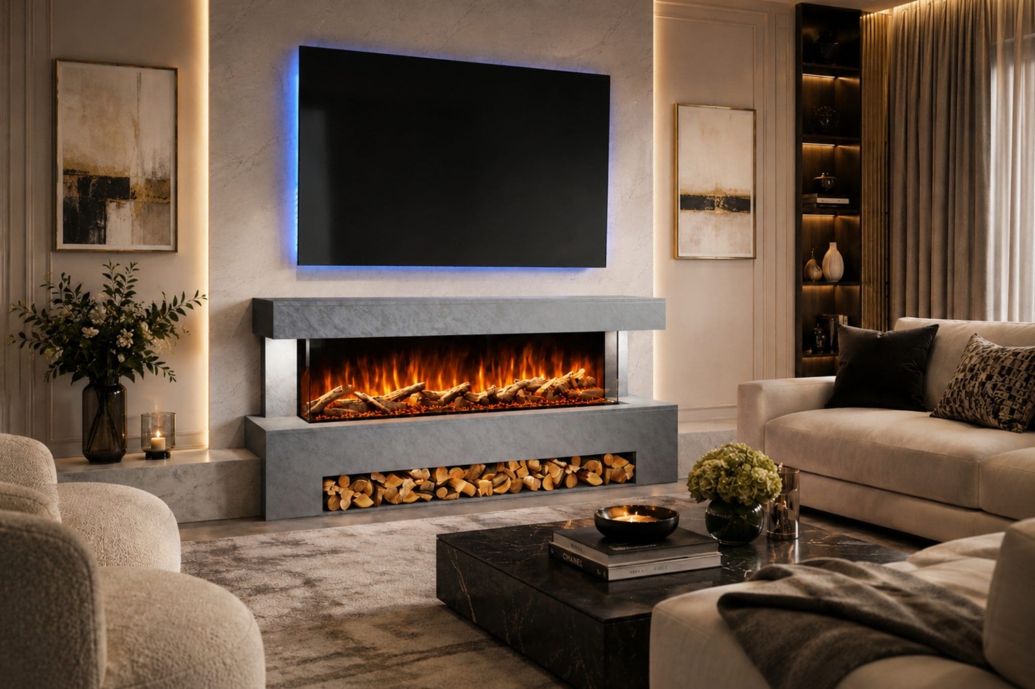 Angelo Grey electric fireplace suite in a luxury living room with wide flame display, log storage and TV above.