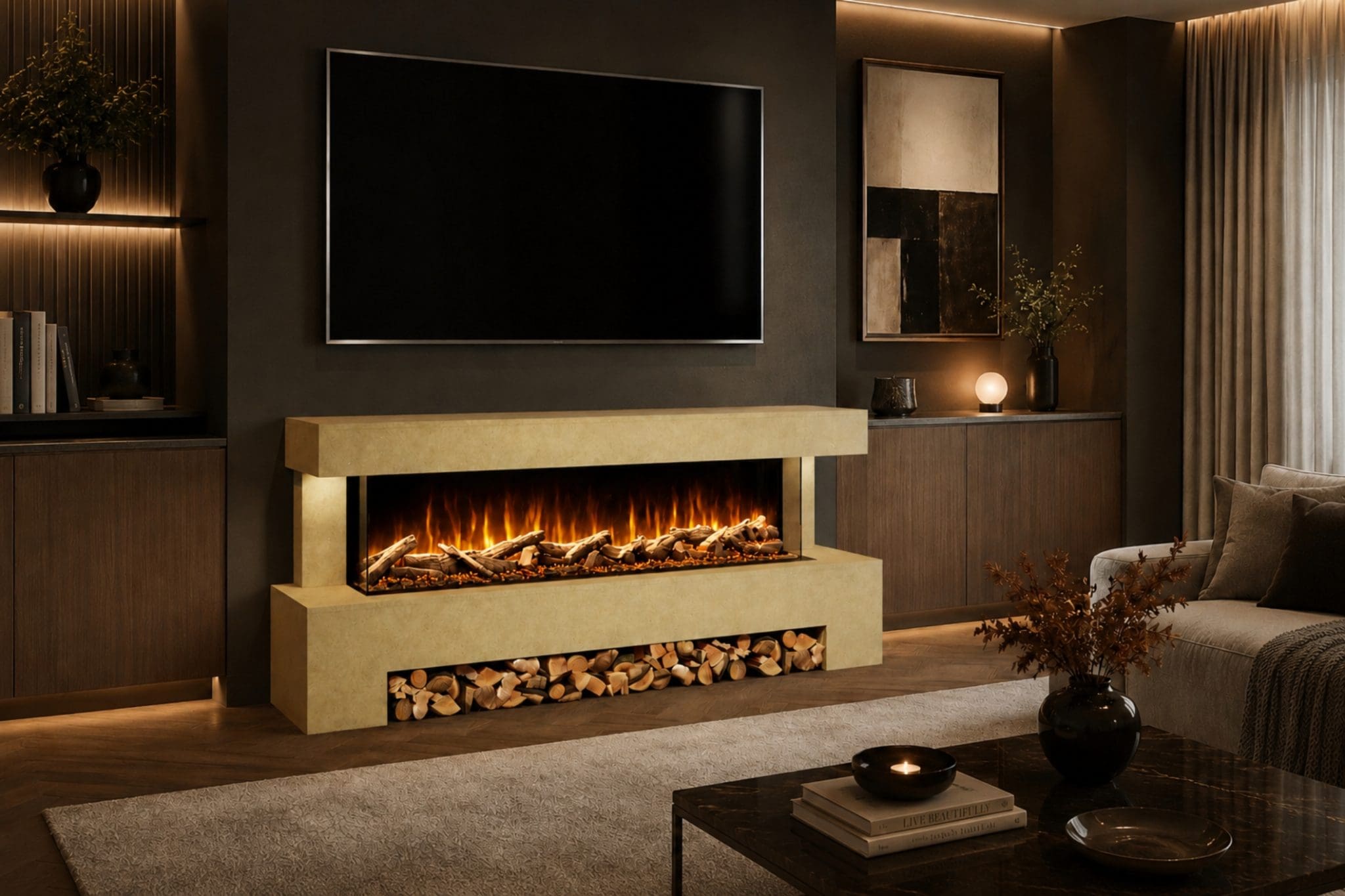 Angelo Paint Ready electric fireplace suite in a luxury living room with wide flame display, log storage and TV above.