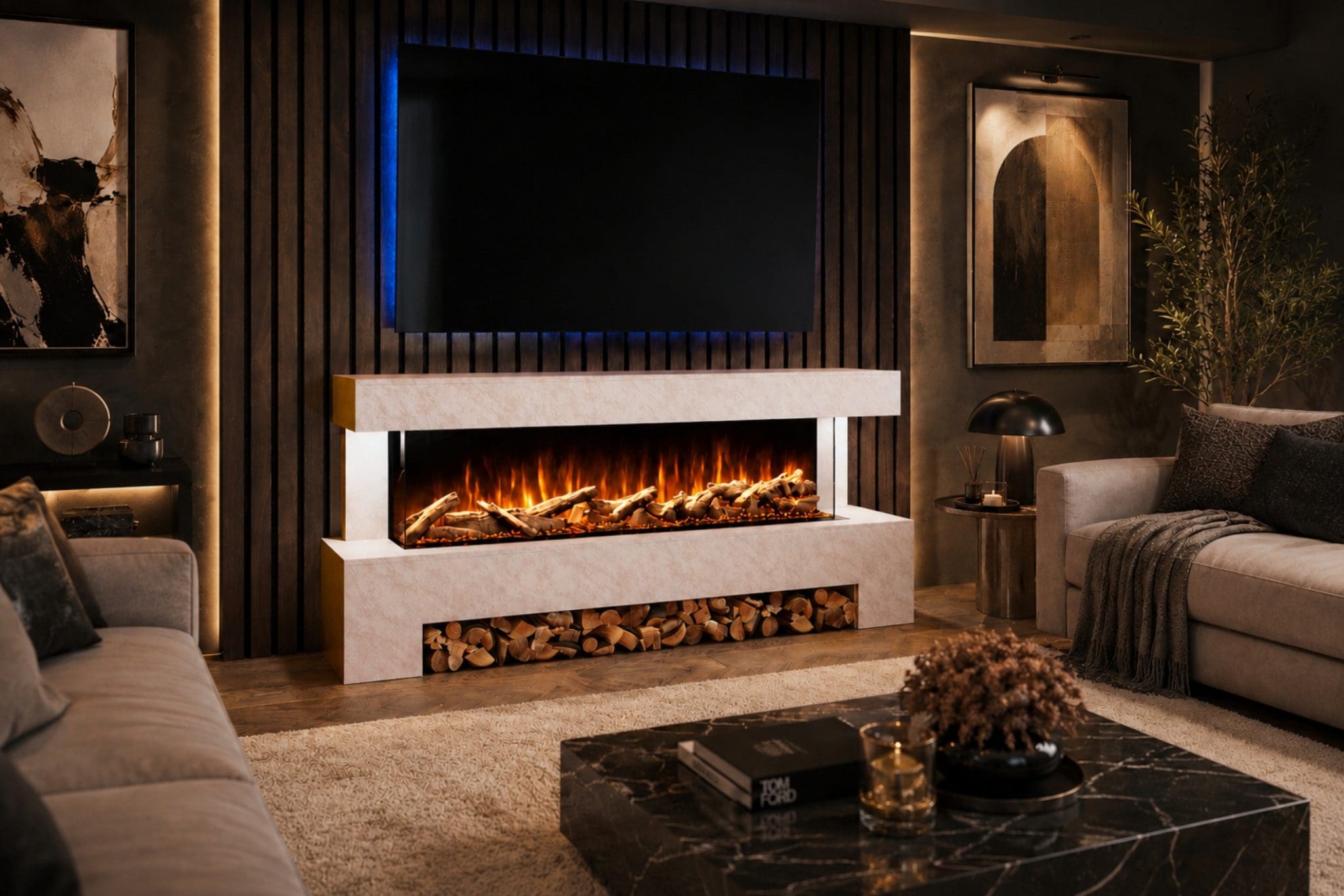 Angelo Pearl electric fireplace suite in a luxury living room with wide flame display, log storage and TV above.