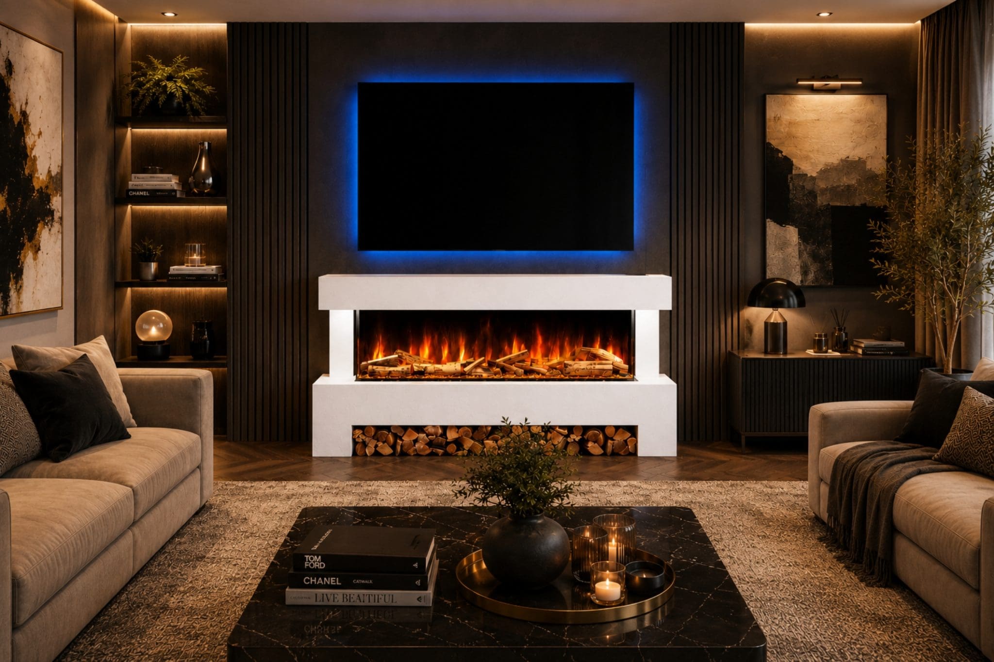 Angelo White electric fireplace suite straight-on room view with wide flame display, log storage and TV above.