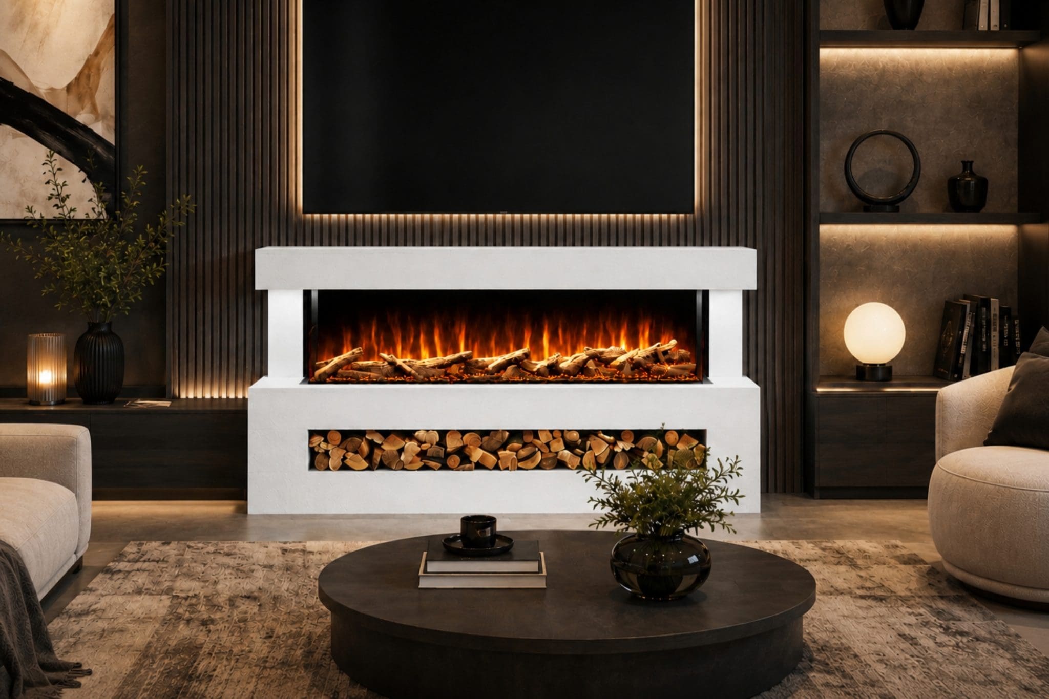 Davinci White Textured electric fireplace suite straight-on room view with wide flame display, log storage and TV above.