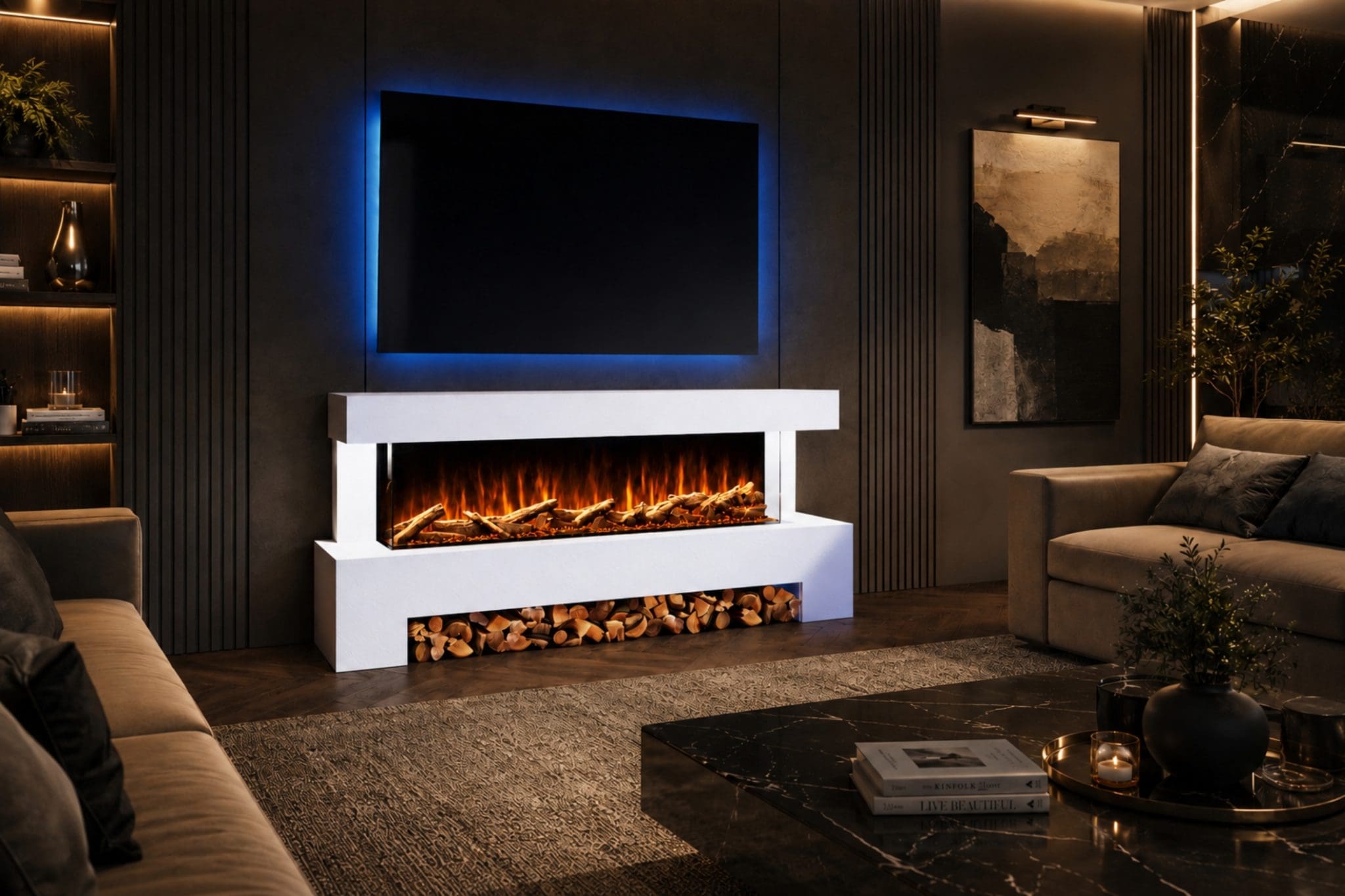 Angelo White electric fireplace suite in a luxury living room with wide flame display, log storage and TV above.