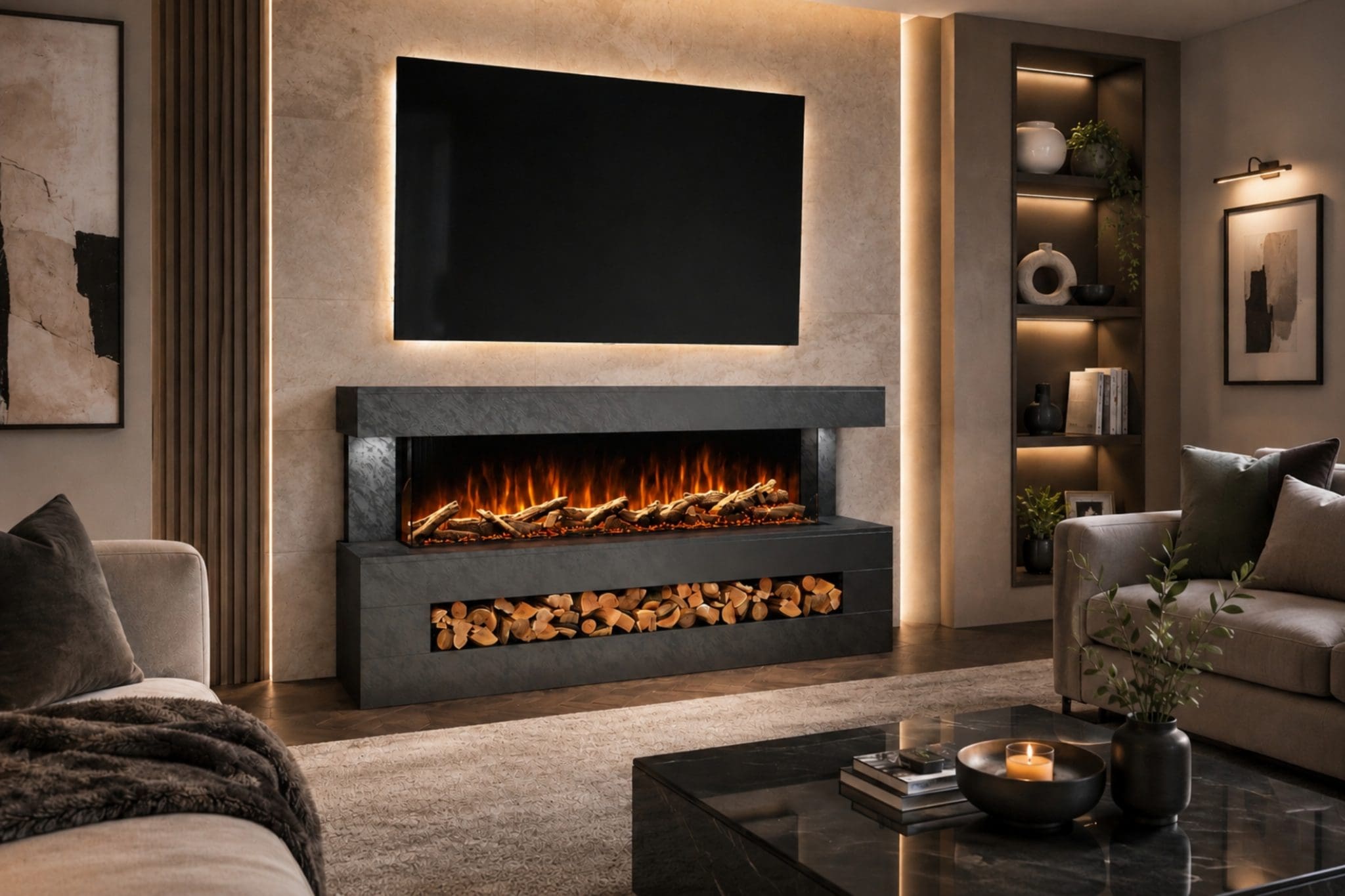 Davinci Black Textured electric fireplace suite in a luxury living room with wide flame display, log storage and TV above.