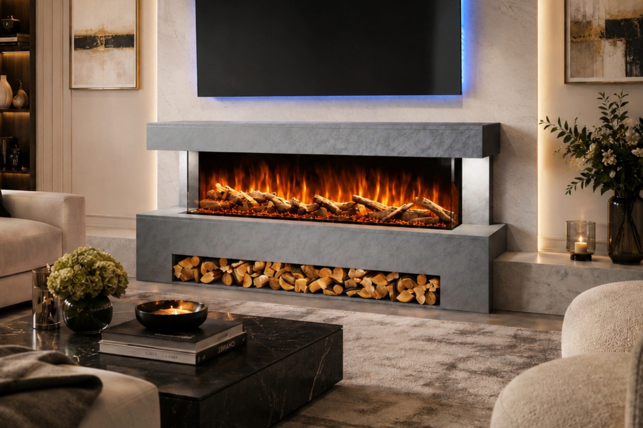 Davinci Grey Textured electric fireplace suite main image showing wide Advance fire display, log storage and luxury room setting.