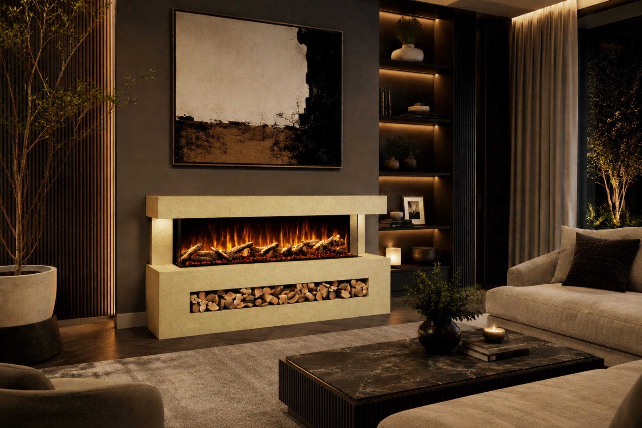 Davinci Paint Ready electric fireplace suite in a luxury living room with wide flame display, log storage and textured finish.