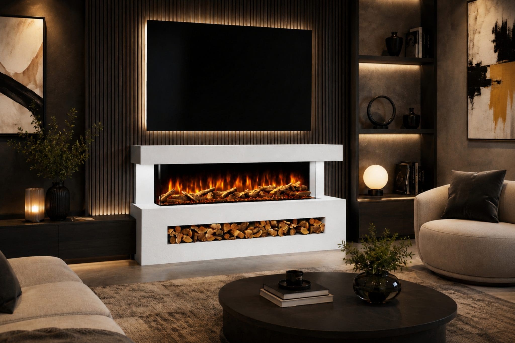 Davinci White Textured electric fireplace suite in a luxury living room with wide flame display, log storage and TV above.
