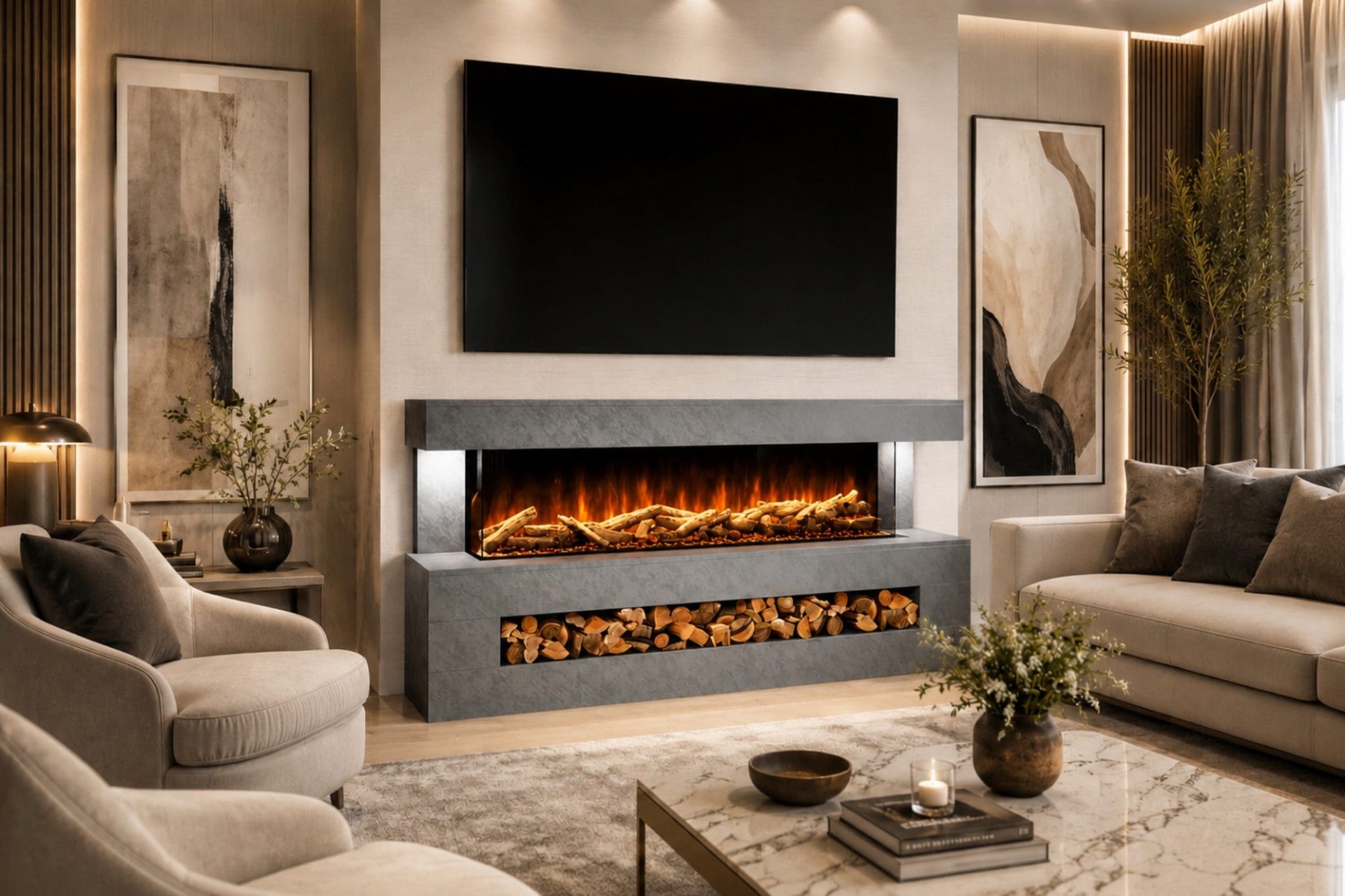 Davinci Grey Textured electric fireplace suite in a luxury living room with wide flame display, log storage and TV above.