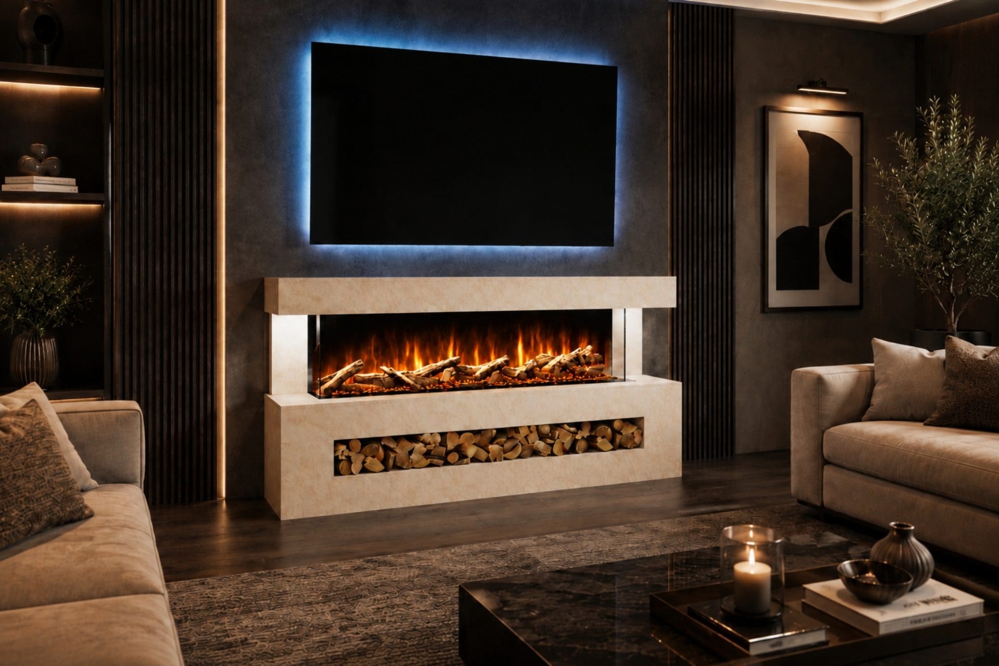 Davinci Pearl Textured electric fireplace suite in a luxury living room with wide flame display, log storage and TV above.