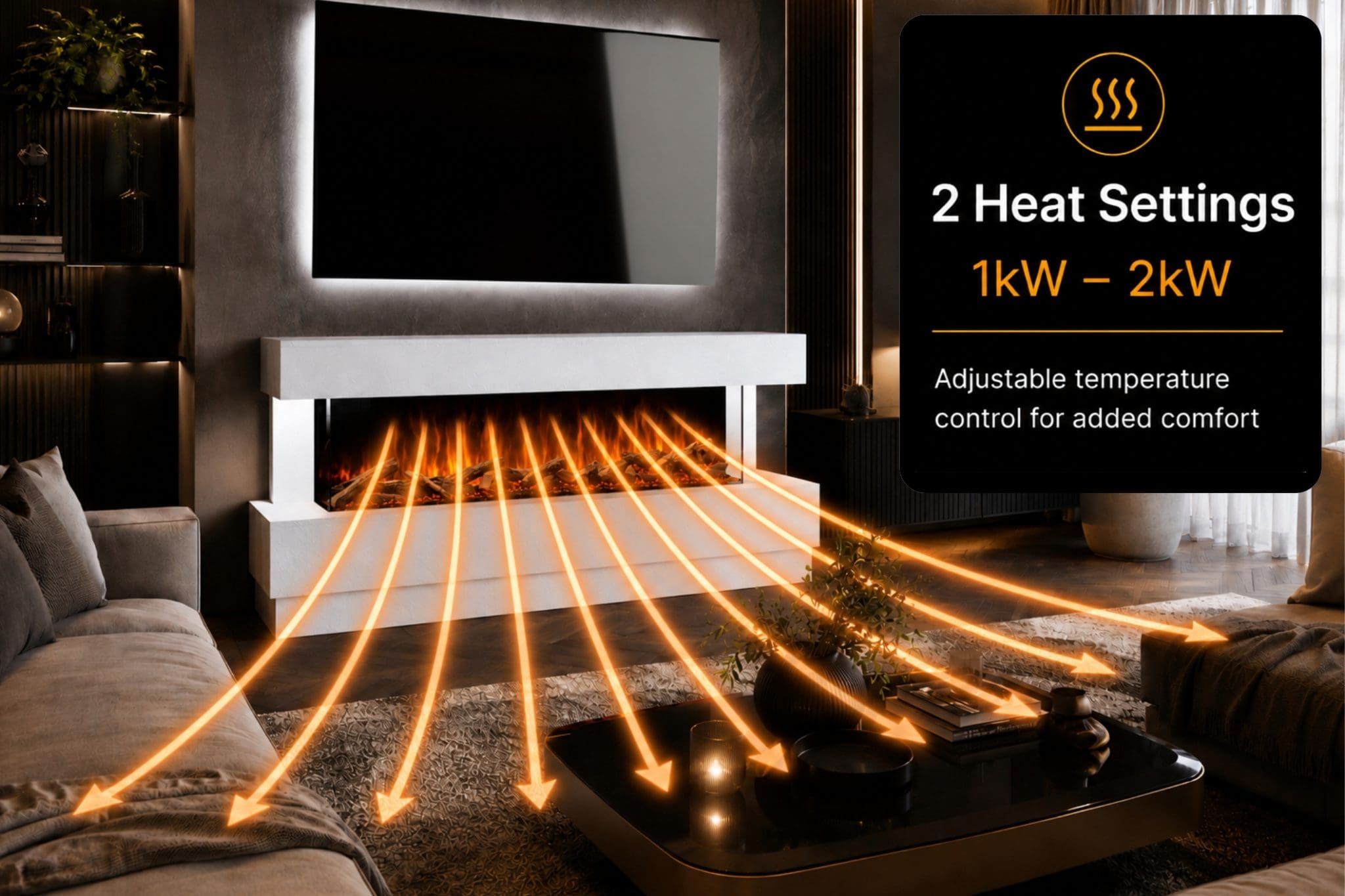 Evolution Fires electric fireplace suite heat settings graphic showing 1kW and 2kW adjustable temperature control in a luxury living room.