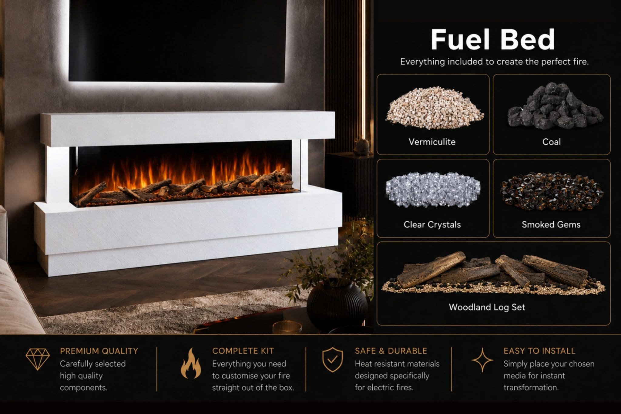 uel bed guide showing vermiculite, coal, clear crystals, smoked gems and woodland log set for the Raphael electric fireplace suite from Evolution Fires.