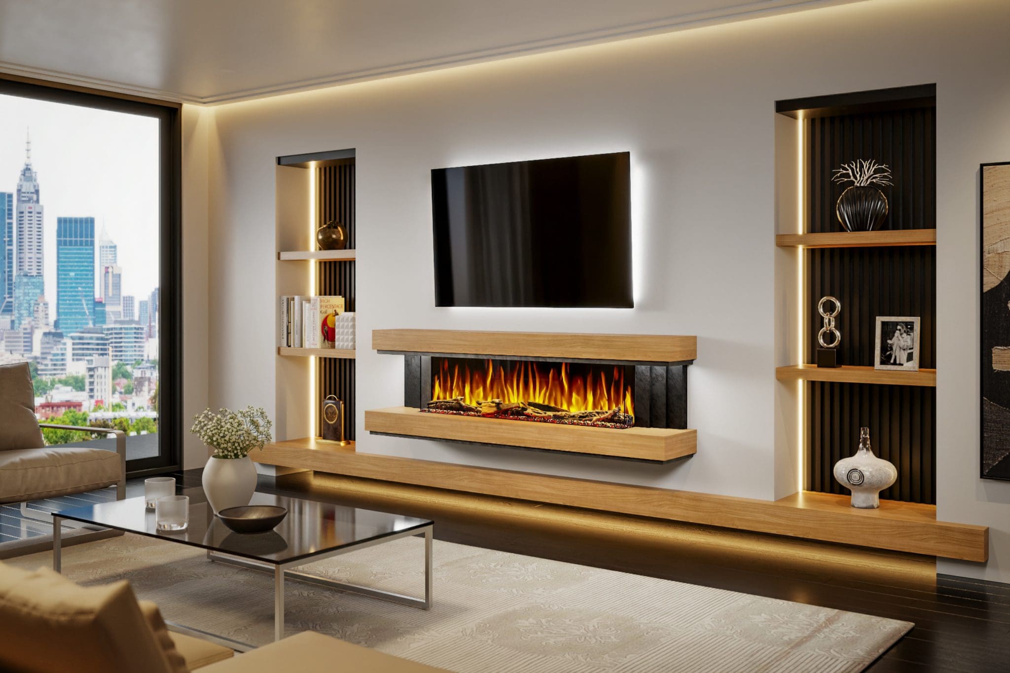 Evolution Fires Empire – 72 Inch Wall Mounted Electric Fireplace Oak & Black Finish - Image 2
