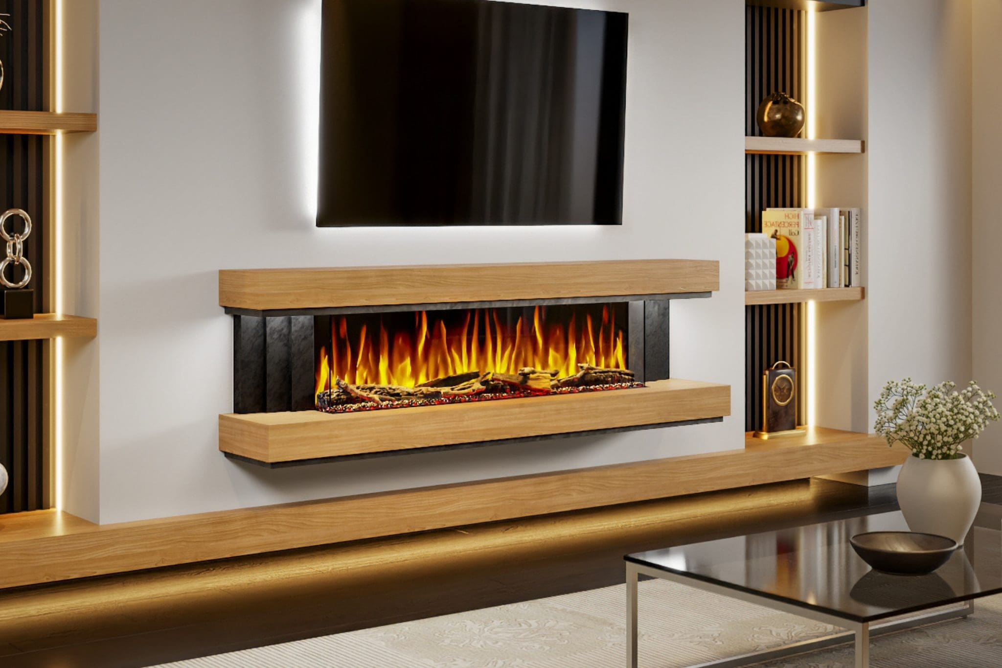 Evolution Fires Empire – 72 Inch Wall Mounted Electric Fireplace Oak & Black Finish - Image 3