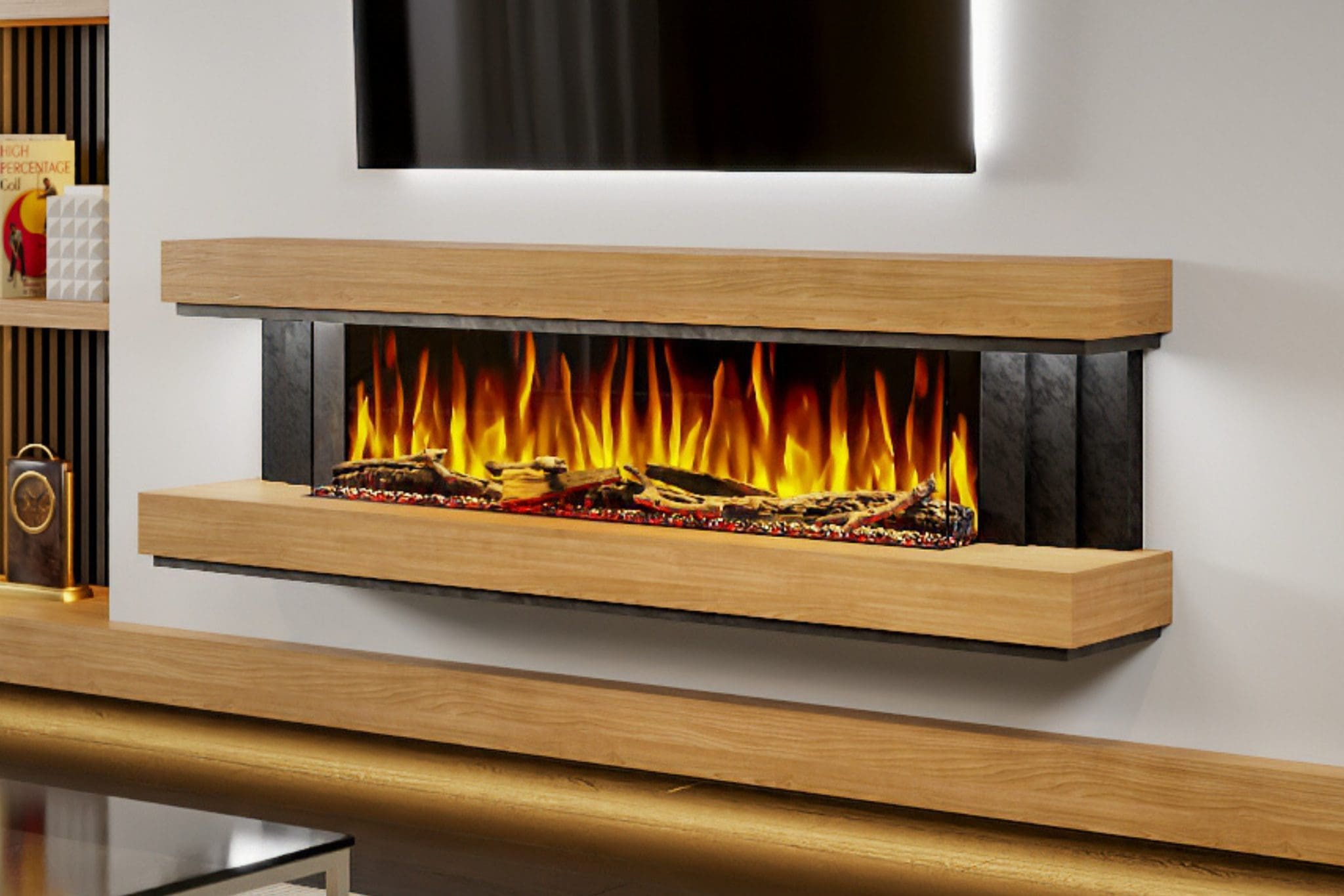 Evolution Fires Empire – 72 Inch Wall Mounted Electric Fireplace Oak & Black Finish