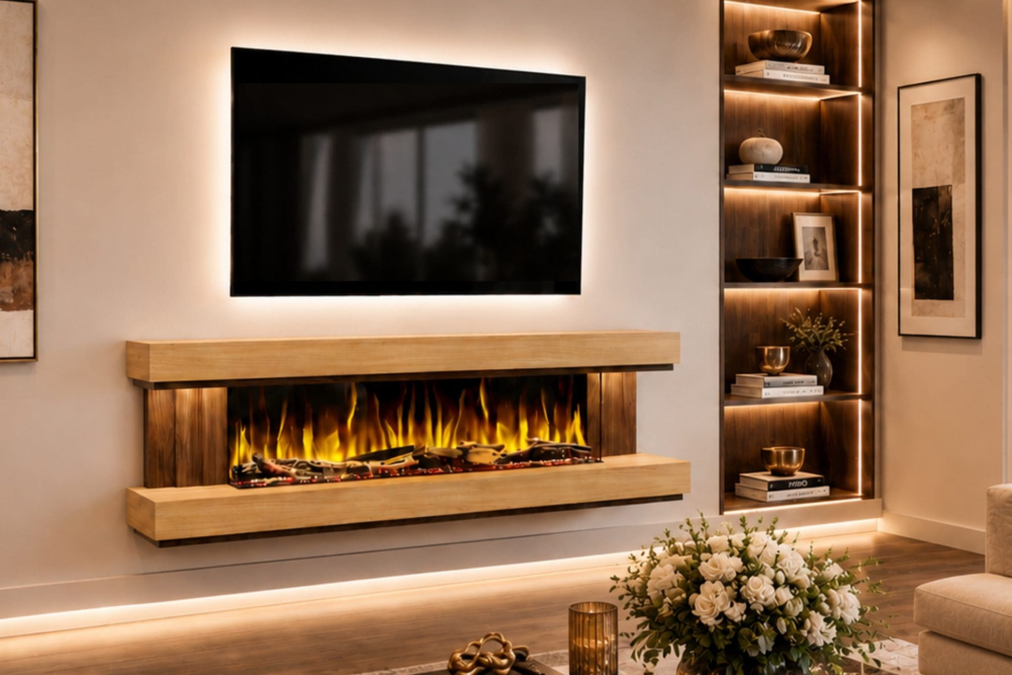 Empire oak and walnut electric fireplace suite angled lifestyle view with realistic flame effect, LED-lit TV feature and luxury modern room styling.