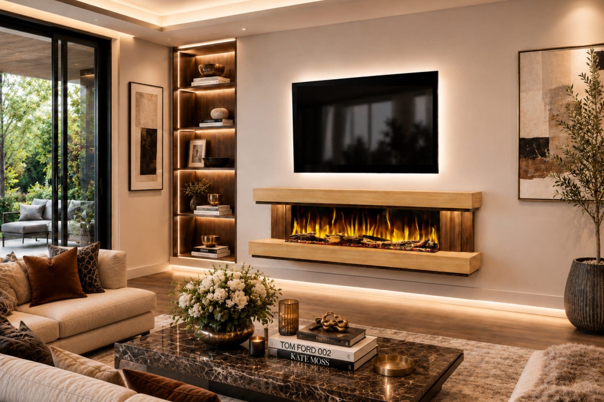 Empire oak and walnut electric fireplace suite wide lifestyle view with realistic flame effect, LED-lit TV feature and luxury modern room styling.