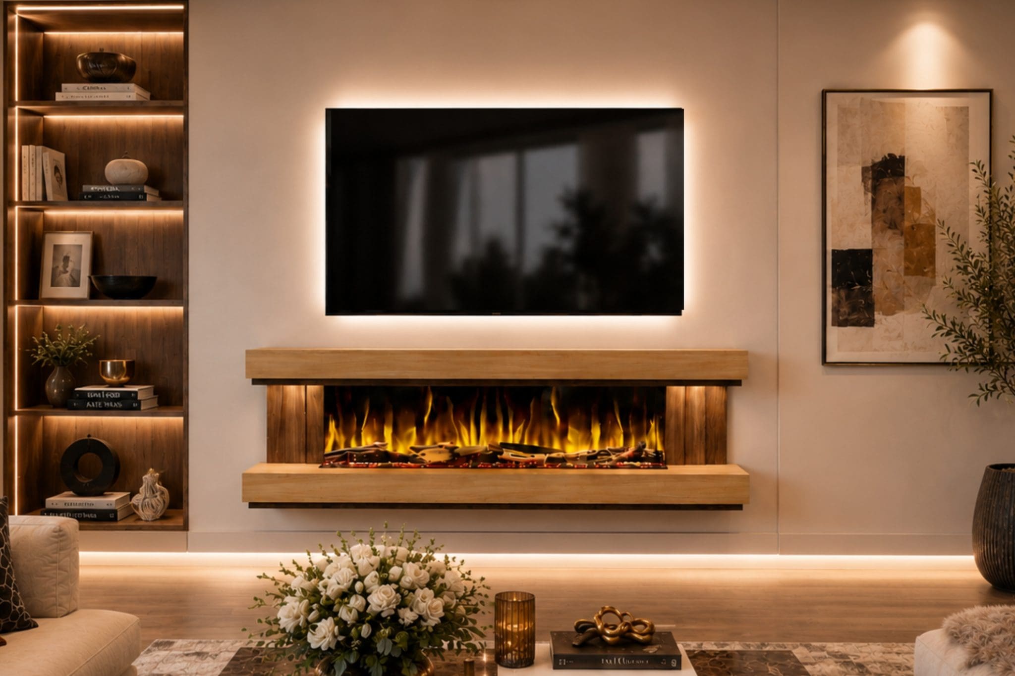Empire oak and walnut electric fireplace suite straight lifestyle view with realistic flame effect, LED-lit TV feature and luxury modern room styling.