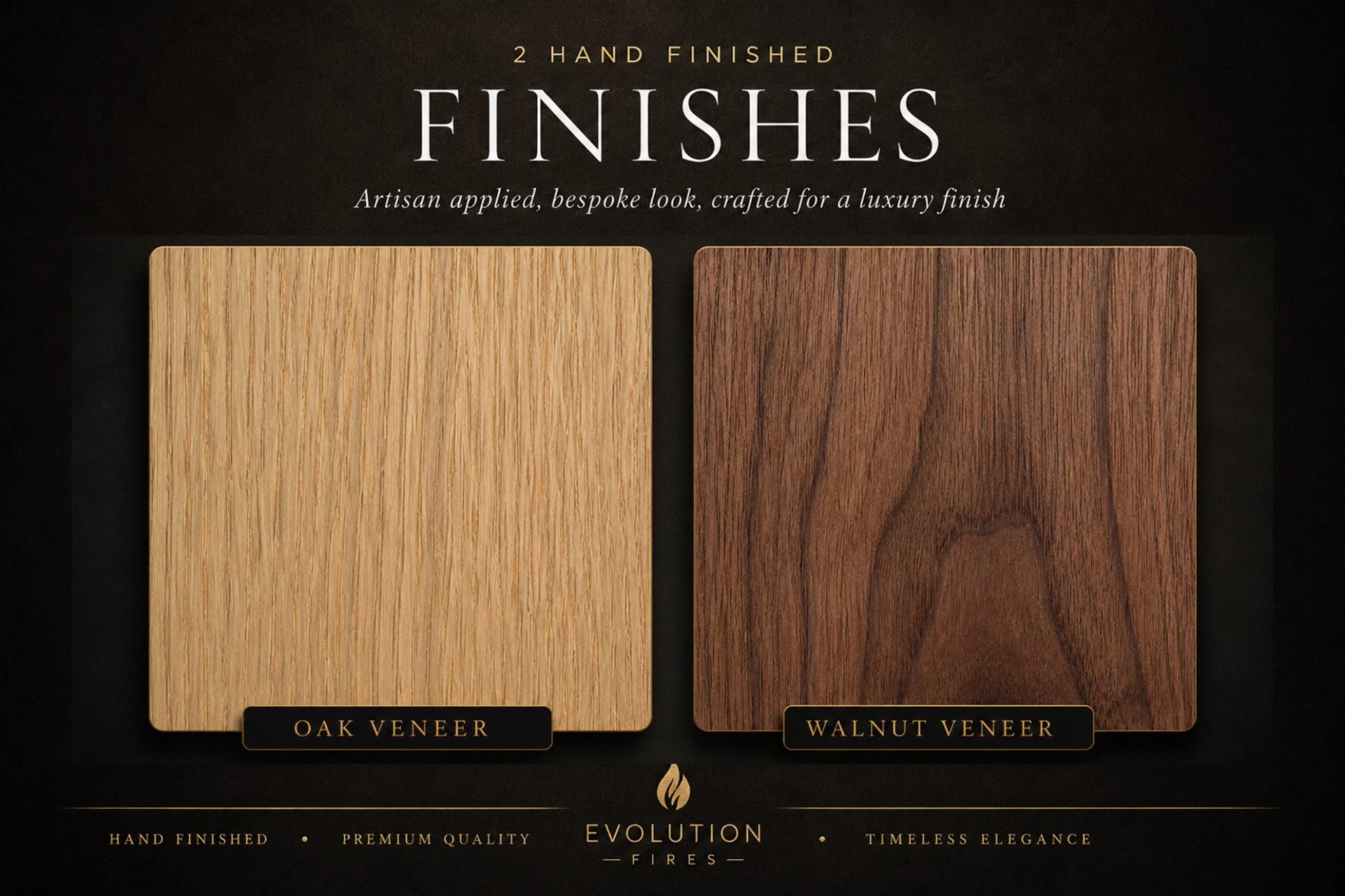 Empire oak and walnut veneer finish options guide showing Oak Veneer and Walnut Veneer hand finished colour swatches for electric fireplace suites.
