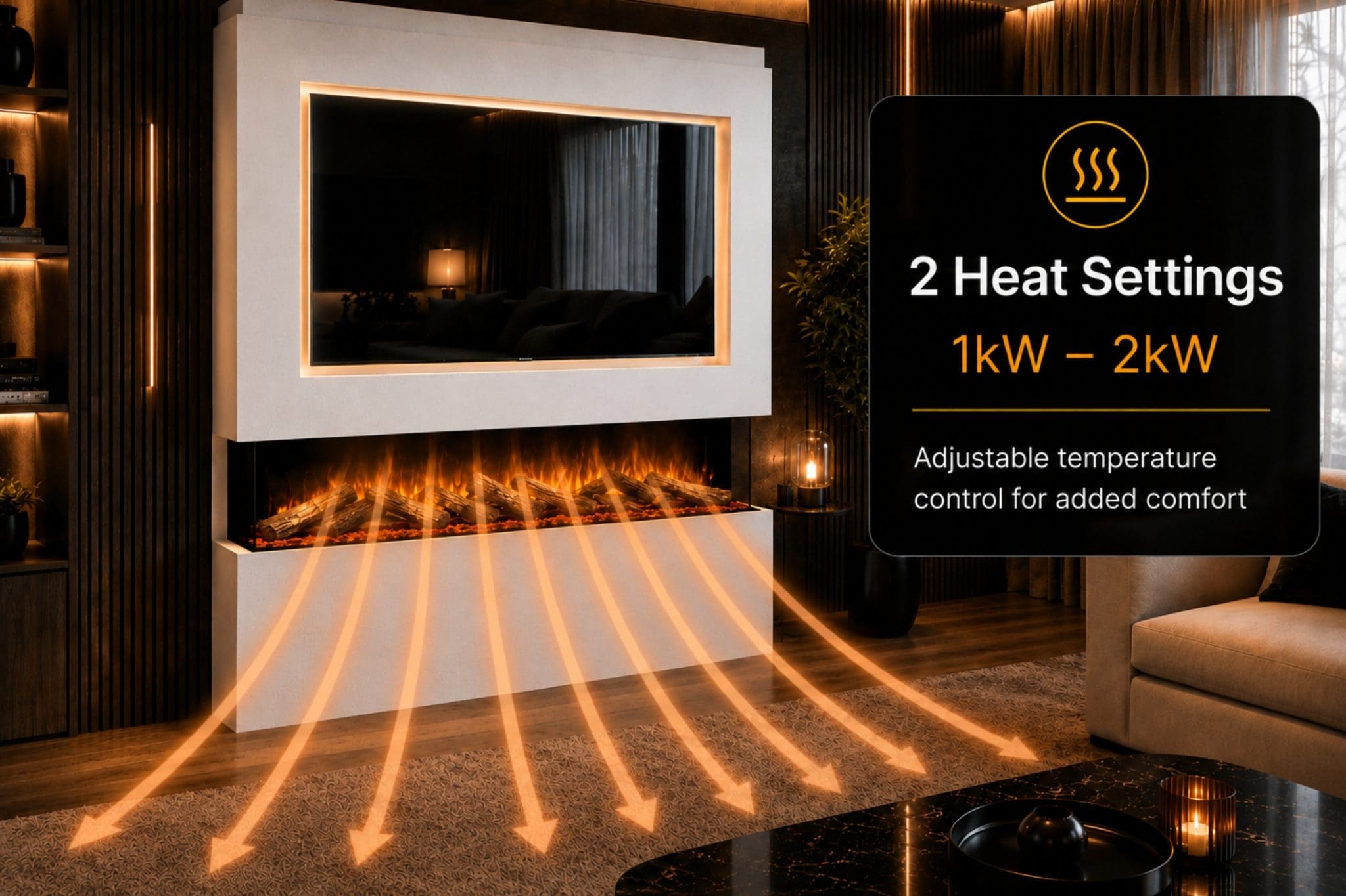 Advance Series 2 heat settings image showing 1kW to 2kW adjustable temperature control on an Evolution Fires media wall electric fireplace.