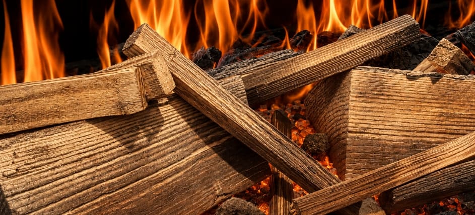 Real Logs electric fireplace fuel bed close-up with natural wood logs, glowing ember detail and bright realistic flame effect.