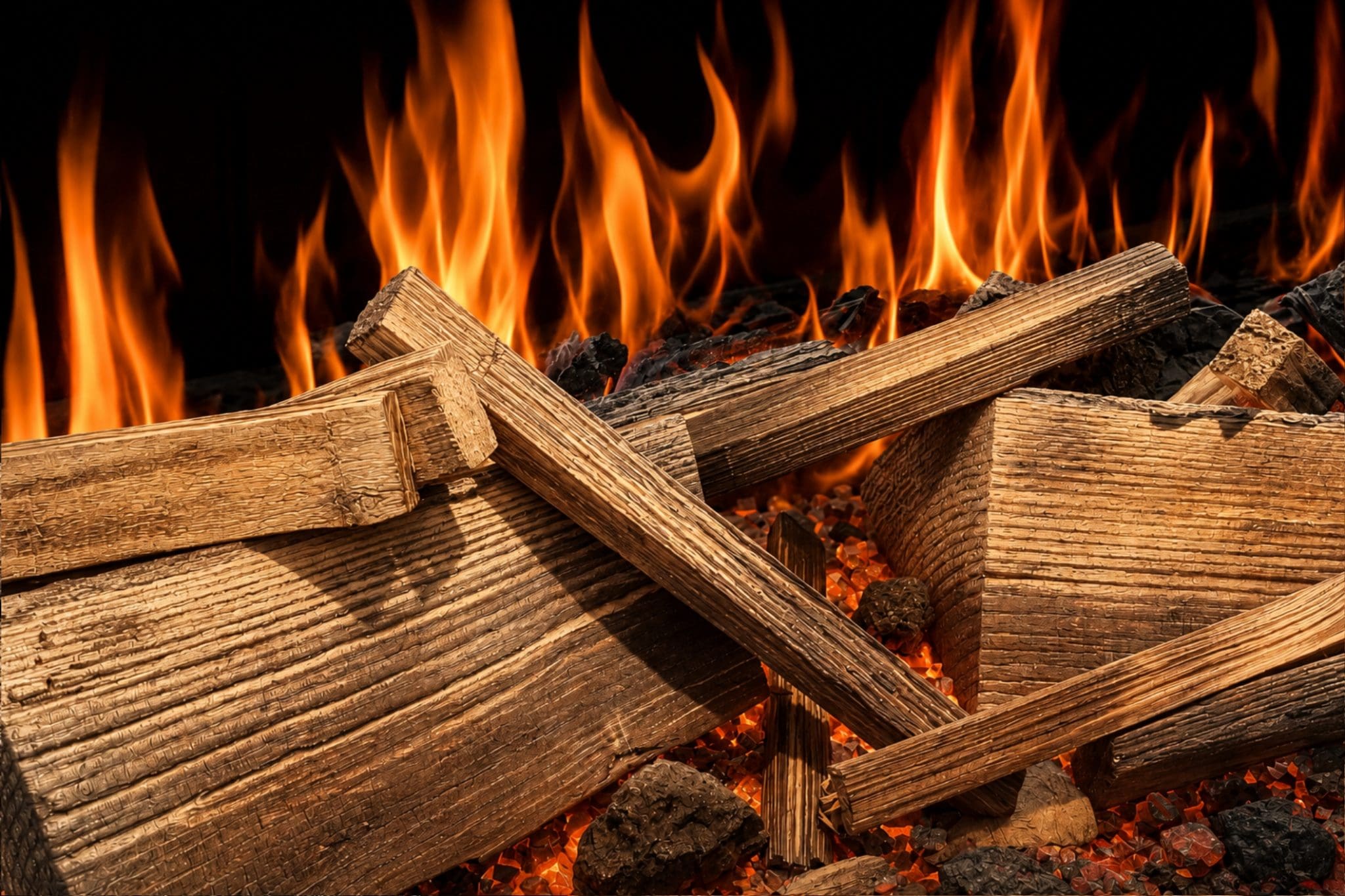 Advance Series electric fireplace log set close-up showing realistic hand-painted logs, glowing fuel bed and orange flame effect from Evolution Fires.