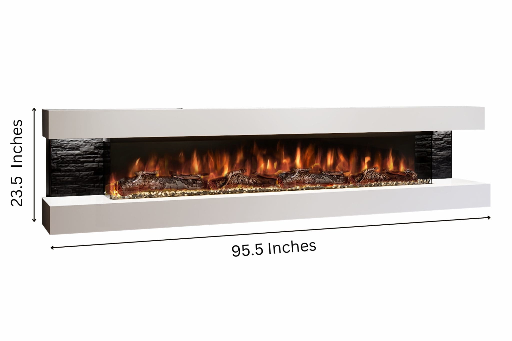 Landscape white wall mounted electric fireplace dimensions image showing 95.5 inch width and 23.5 inch height with black stone side panels.