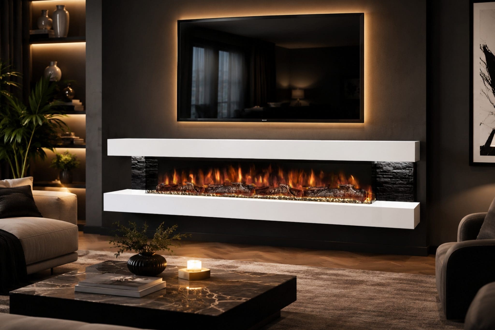 Landscape white wall mounted electric fireplace angled lifestyle view with realistic flame effect, floating white mantel, black stone side panels, LED-lit TV feature and luxury modern living room styling.