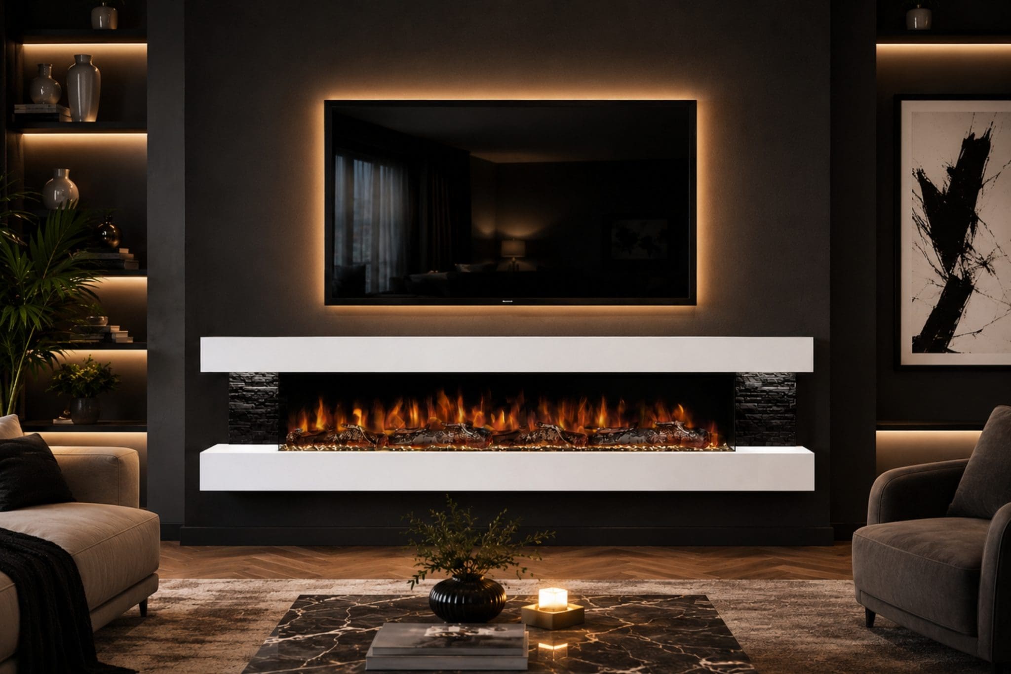 Landscape white wall mounted electric fireplace straight lifestyle view with realistic flame effect, floating white mantel, black stone side panels, LED-lit TV feature and luxury modern living room styling.