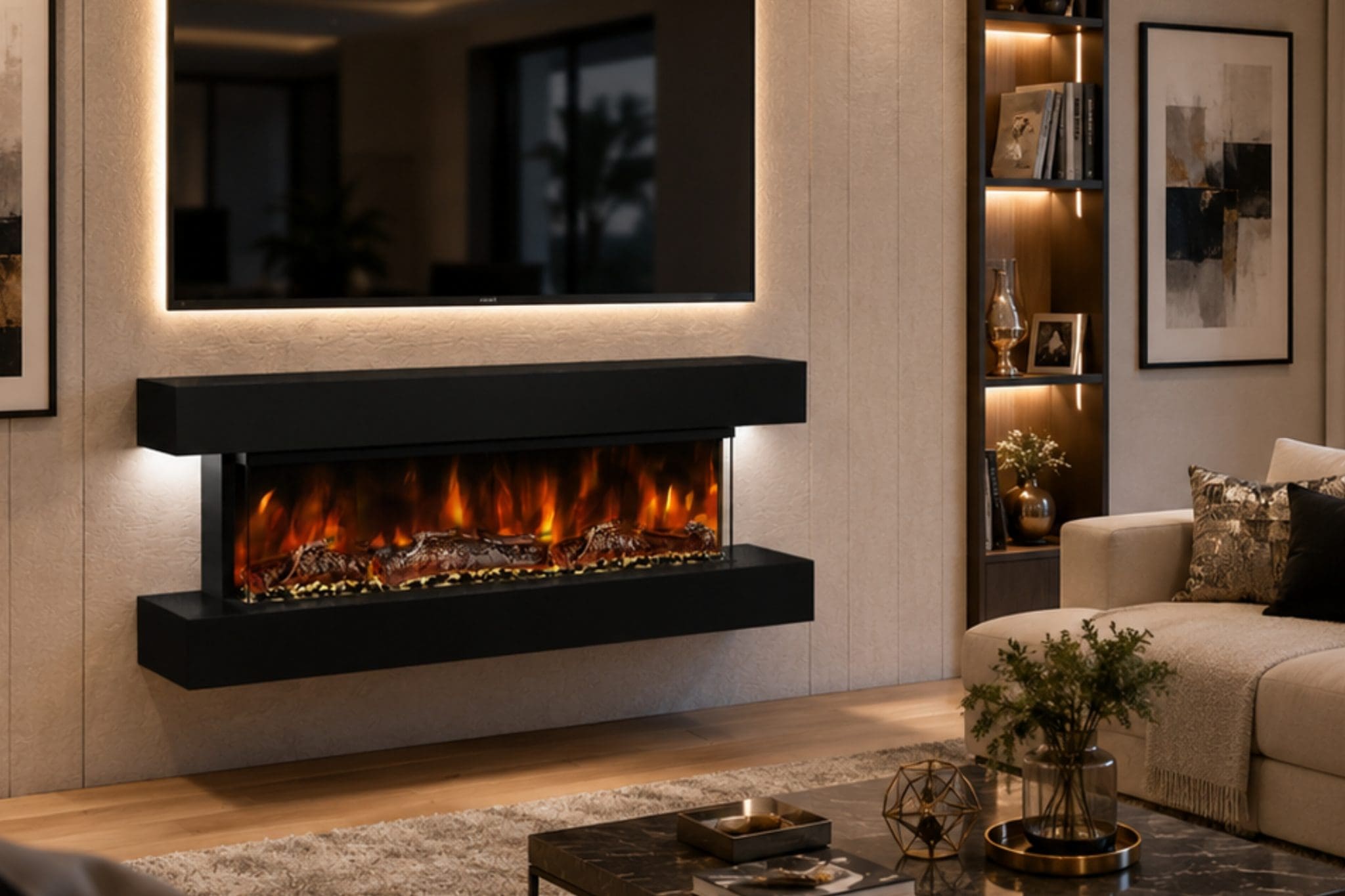 Studio 4 black wall mounted electric fireplace close-up lifestyle view with realistic flame effect, floating black mantel, LED-lit TV feature and luxury living room styling.