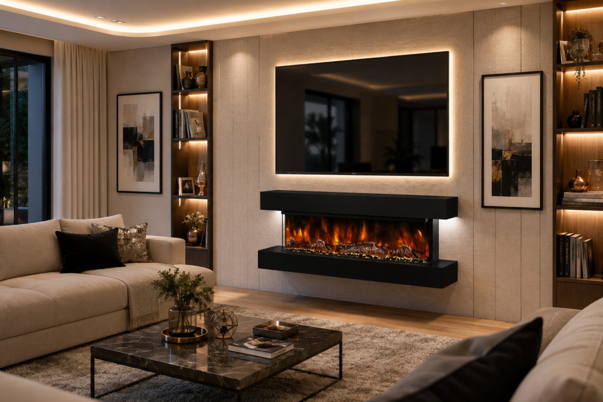 Studio 4 black wall mounted electric fireplace angled lifestyle view with realistic flame effect, floating black mantel, LED-lit feature wall and luxury living room styling.