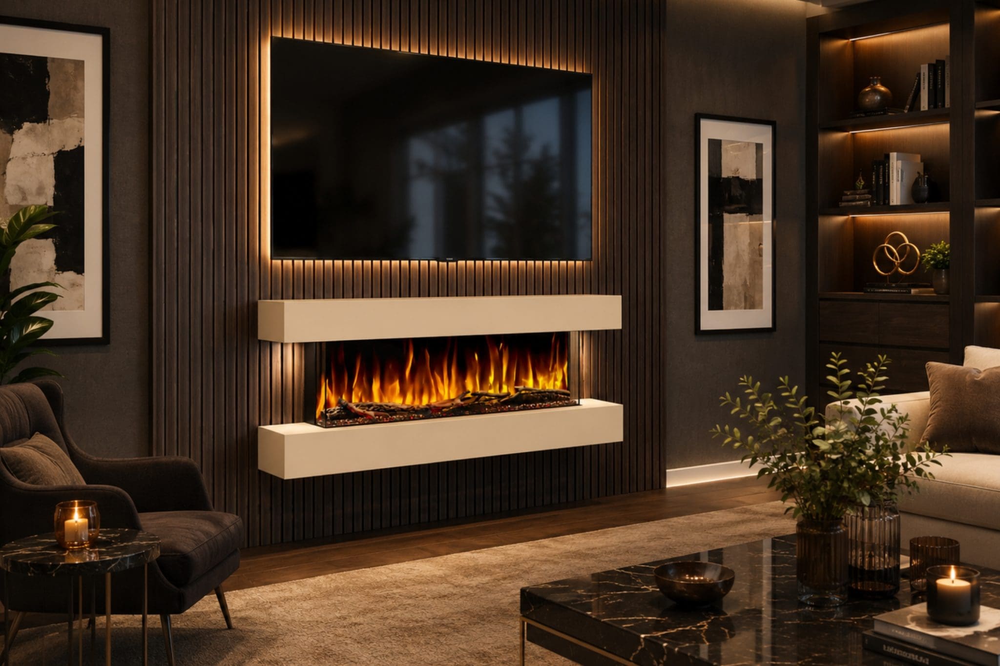 This image shows the Studio 4 white wall mounted electric fireplace from an angled lifestyle view in a luxury modern living room. The design combines a floating white mantel with black side panels and a realistic built-in electric fire, creating a clean contemporary fireplace feature beneath a wall mounted TV. Use this image on the Studio 4 product page, WooCommerce gallery or Meta catalogue to showcase the white finish, black side detailing, realistic flame effect, wall mounted design and premium living room styling.