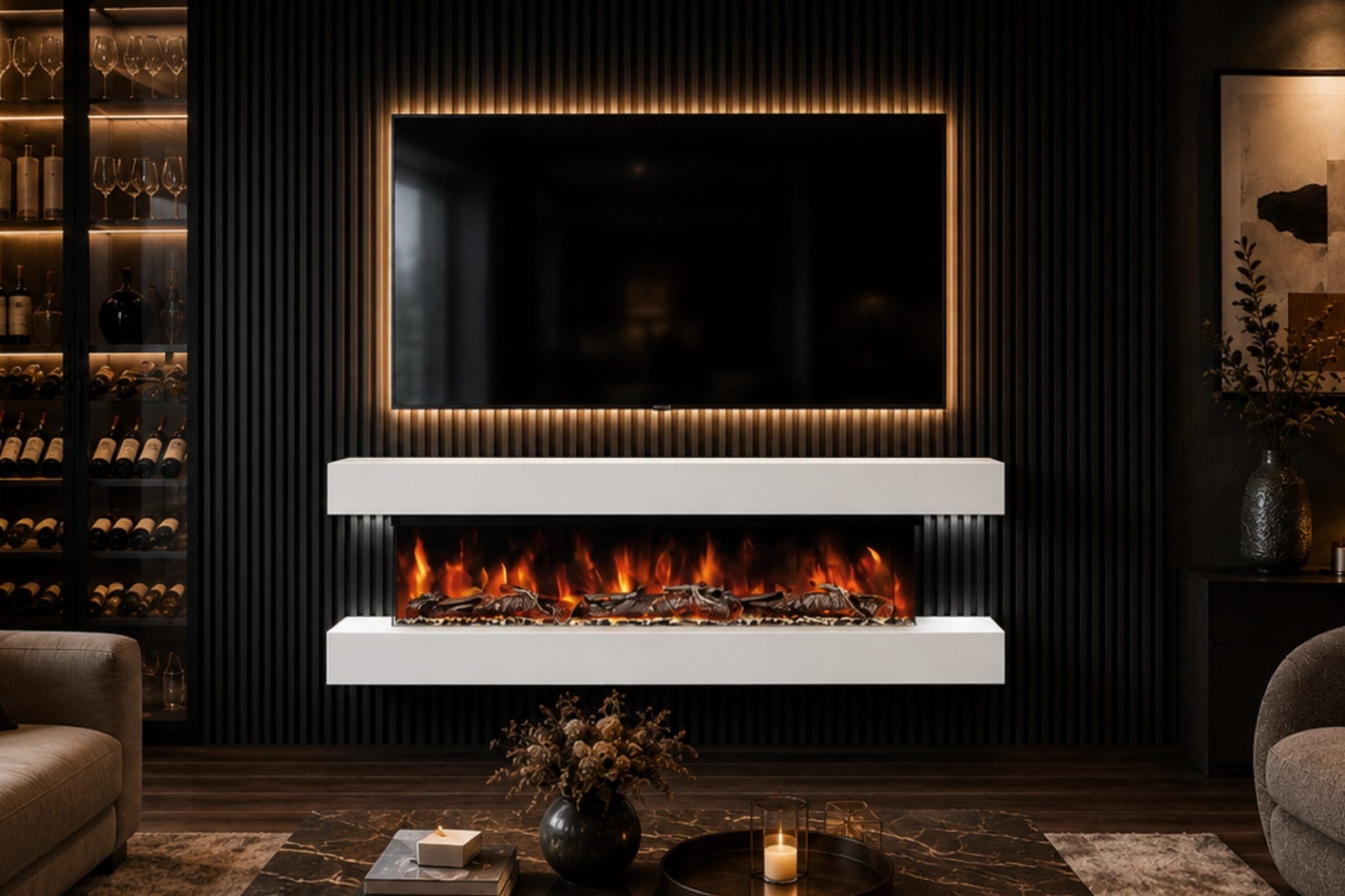 Studio 4 white wall mounted electric fireplace straight lifestyle view with realistic flame effect, black side panels, dark slat wall and wall mounted TV.