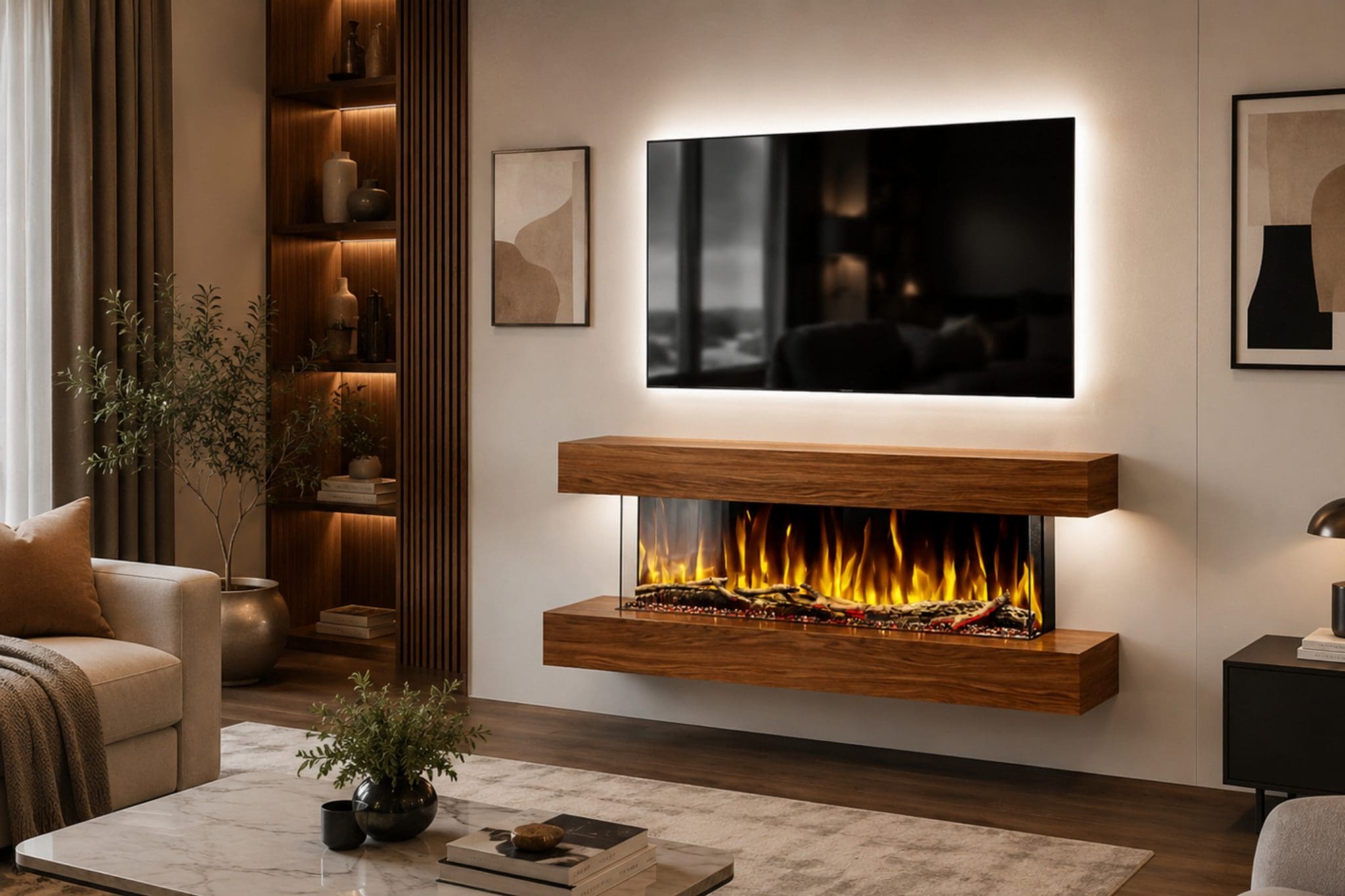 This image shows the Studio 4 black wall mounted electric fireplace from an angled lifestyle view in a luxury modern living room. The design combines a floating black mantel with a realistic built-in electric fire, creating a bold contemporary fireplace feature beneath a wall mounted TV. Use this image on the Studio 4 product page, WooCommerce gallery or Meta catalogue to showcase the black finish, realistic flame effect, wall mounted design and premium living room styling.