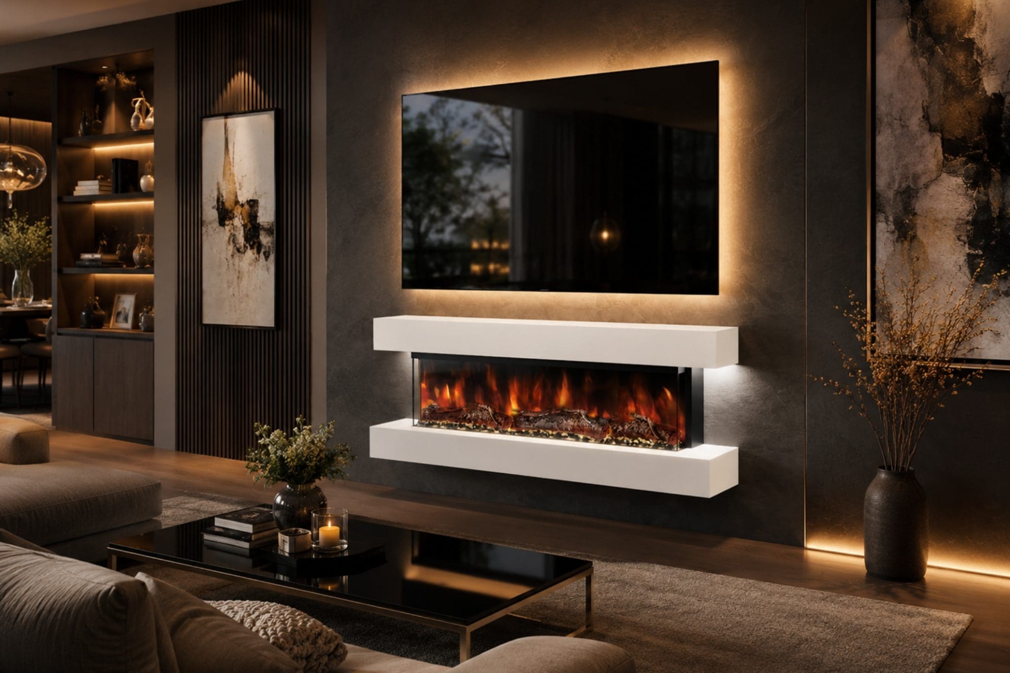 Studio 4 white wall mounted electric fireplace angled lifestyle view with realistic flame effect, black side panels, LED-lit feature wall and wall mounted TV.