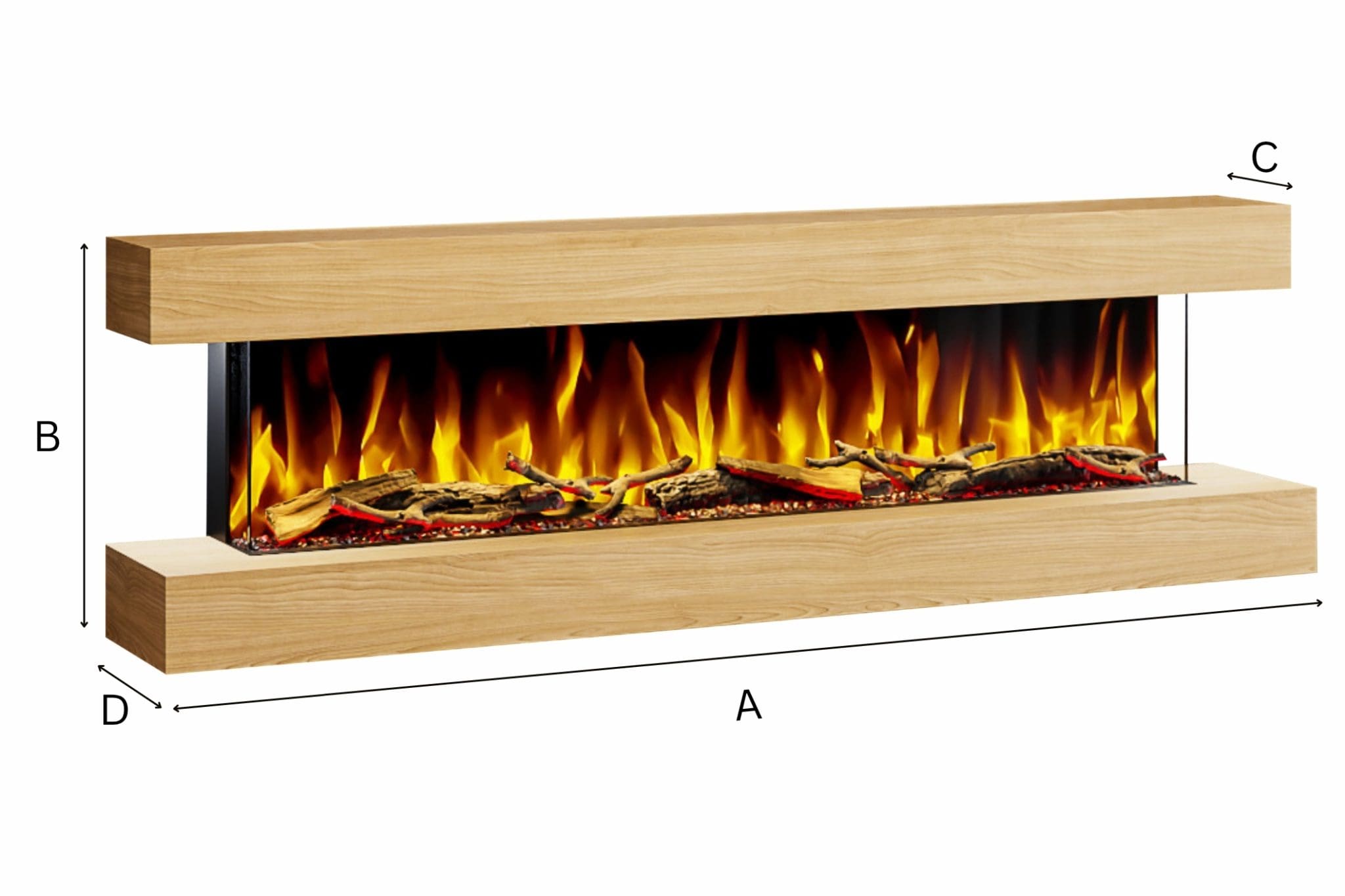 Studio wall mounted electric fireplace dimensions diagram showing width, height, depth and mantel measurements for the floating oak electric fire.